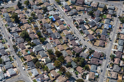 Aerial of residential streets and homes near San Leandro and Oakland, California.