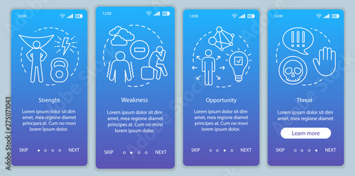 SWOT analysis blue gradient onboarding mobile app page screen vector template. Strength, weakness, opportunity, threat walkthrough website steps with linear illustration. UX, UI, GUI interface concept