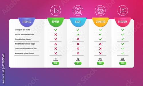 Payment, Hourglass and Sale offer icons simple set. Comparison table. Musical note sign. Usd coin, Sand watch, Gift box. Speech bubble. Business set. Pricing plan. Compare products. Vector