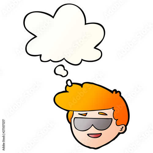 cartoon boy wearing sunglasses and thought bubble in smooth gradient style