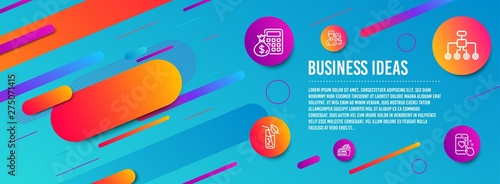 Header banner. Water glass, Teamwork and Finance calculator icons simple set. Restructuring, Burger and Heart rating signs. Soda drink, Man with woman. Business set. Line water glass icon. Vector