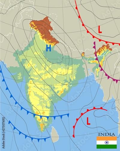 India. Realistic synoptic map of the India showing isobars and weather fronts. Meteorological forecast. Topography and physical map of country with national flag. Vector illustration. EPS 10