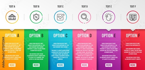 Carousels, Checkbox and Vitamin e icons simple set. Search, Loan percent and Bitcoin atm signs. Attraction park, Approved tick. Business set. Infographic template. 6 steps timeline. Business options