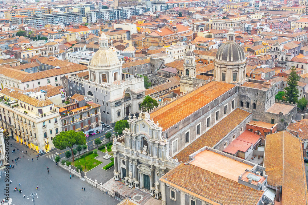 Piazza Duomo or Cathedral Square with Cathedral of Santa Agatha, aerial top view city Catania Italy.