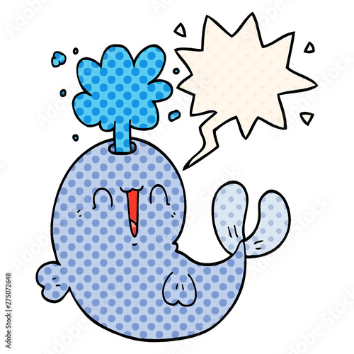 cartoon whale spouting water and speech bubble in comic book style