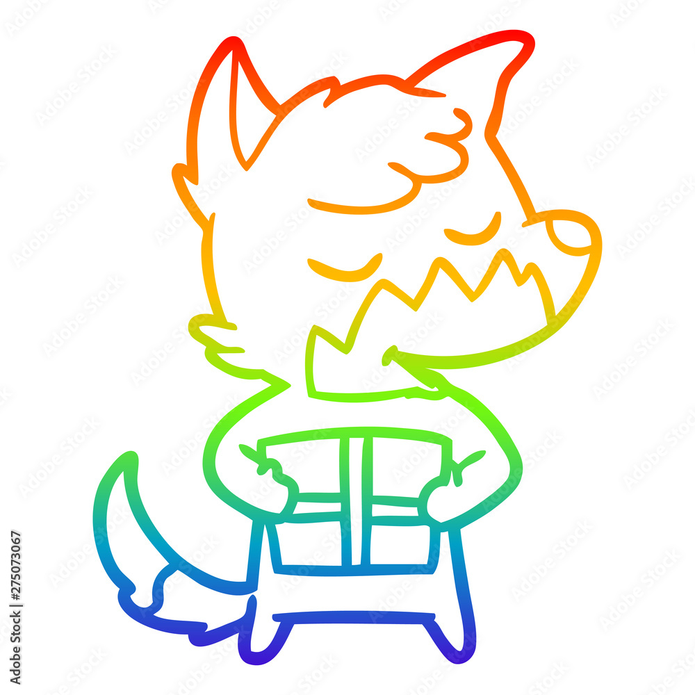 rainbow gradient line drawing friendly cartoon fox with christmas present rainbow gradient line drawing friendly cartoon fox with christmas present