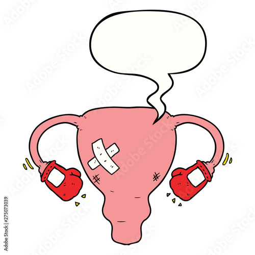 cartoon beat up uterus and boxing gloves and speech bubble