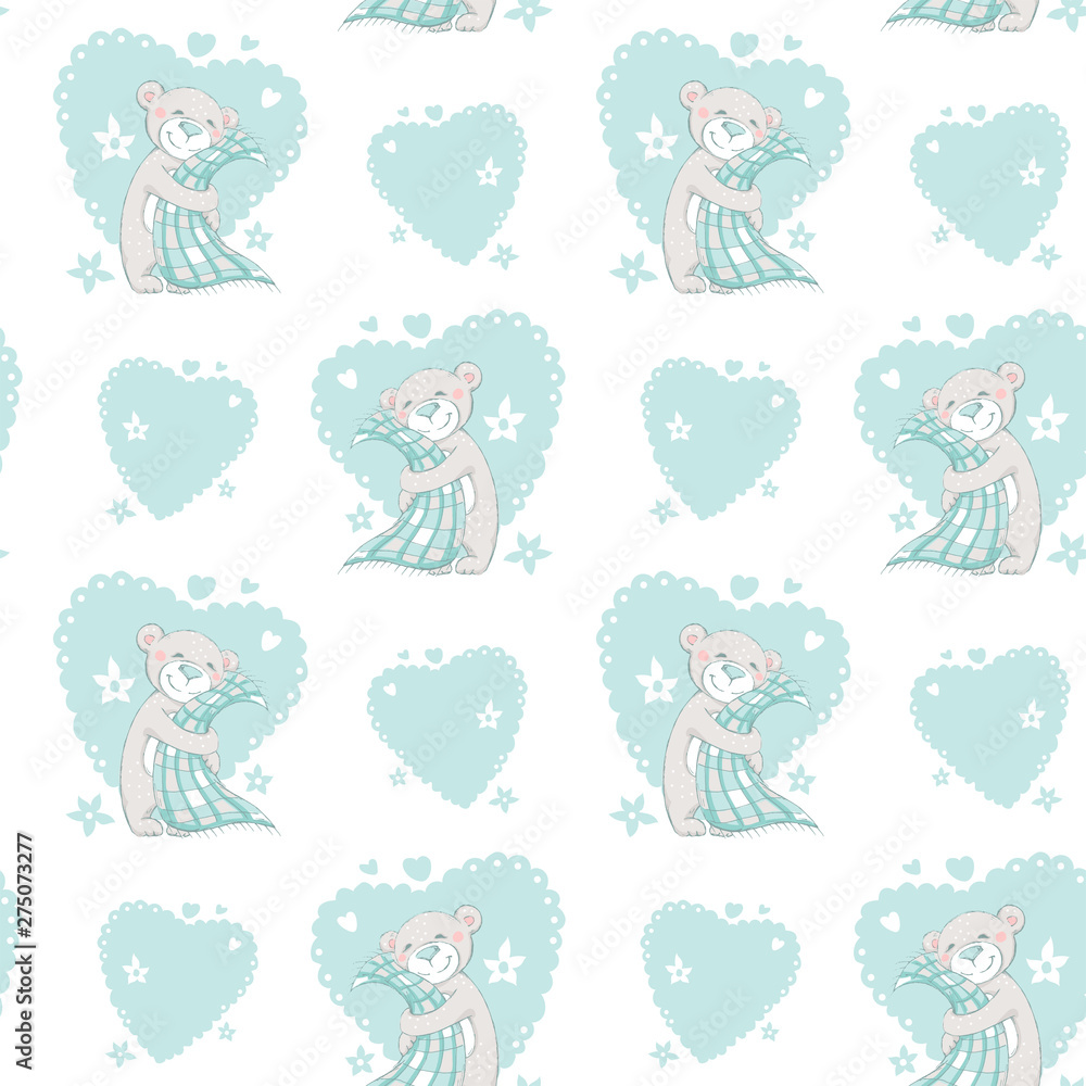 Kids wallpaper. Seamless pattern with nice teddy bears with blanket. Texture for children textile or wrapping paper. Tender sweet animals. Kids wallpaper. Seamless pattern with nice teddy bears with blanket. Texture for children textile or wrapping paper. Tender sweet animals.