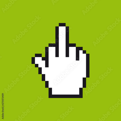 Vector pixel icon cursor hand in gesture meaning in Western cultures Fuck you or fuck off. Green background