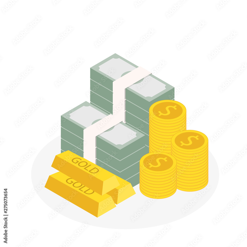 Money saving concept, money gold coin and banknote, vector illustration Money saving concept, money gold coin and banknote, vector illustration