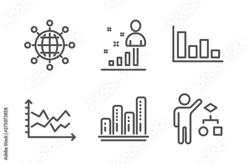International globe, Histogram and Diagram chart icons simple set. Graph chart, Stats and Algorithm signs. World networking, Economic trend. Education set. Line international globe icon. Vector