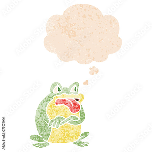 grumpy cartoon frog and thought bubble in retro textured style