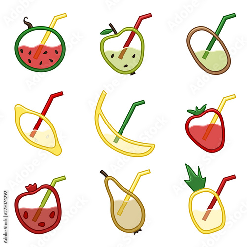 Fruits and berries in the sectional view with juice inside and inserted straw on a white background in the vector. Watermelon, apple, kiwi, lemon, banana, strawberry, pomegranate, pear, pineapple.