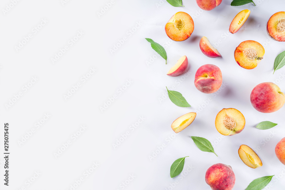 Fresh organic peaches, simple pattern, layout on white background