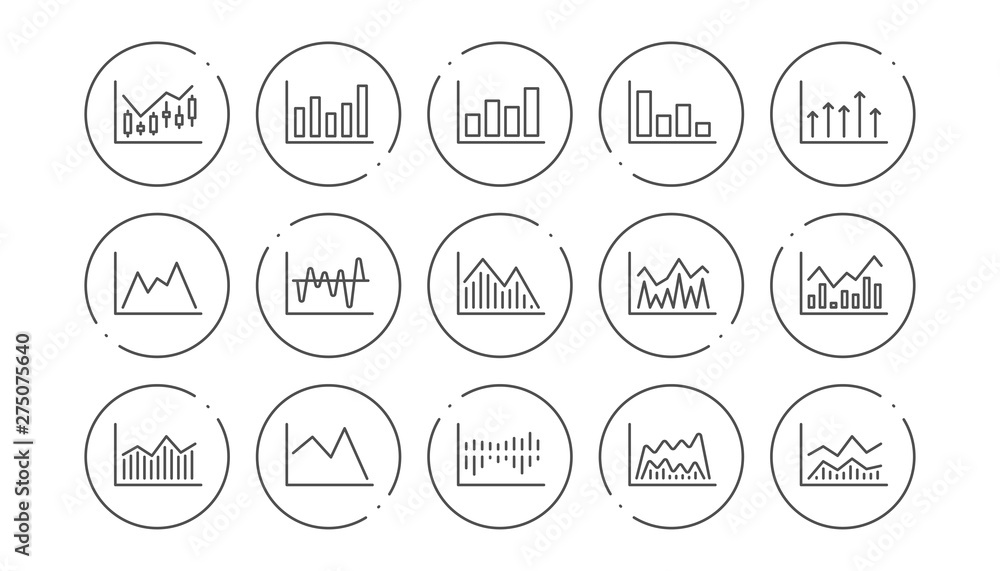 Fototapeta premium Charts and graphs line icons. Candlestick graph, Infochart and Report diagram. Presentation linear icon set. Line buttons with icon. Editable stroke. Vector