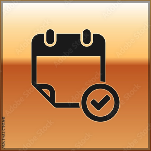 Black Calendar with check mark icon isolated on gold background. Vector Illustration