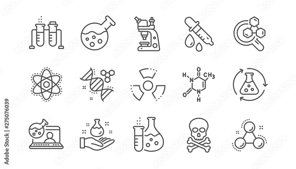 Chemistry lab line icons. Chemical formula, Microscope and Medical analysis. Laboratory test flask, reaction tube, chemistry lab icons. Linear set. Vector