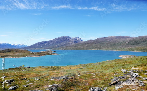 Landscape Greenland, beautiful Nuuk fjord, ocean with mountains backgroun