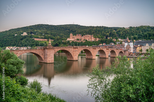 Heidelberg castle ruins, karl theodor bridge (old bridge) and neckar river, germany