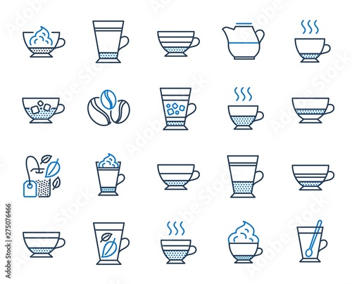 Coffee types and Tea icons. Set of Latte, Frappe and Cappuccino icons. Espresso, Doppio and Cafe Crema. Americano, Whipped cream latte and Coffee with ice. Mocha cafe, Herbal, Mint tea cups. Vector