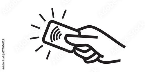 Contactless payment credit card and hand tap vector logo. NFC contactless pay wave and pay pass icon