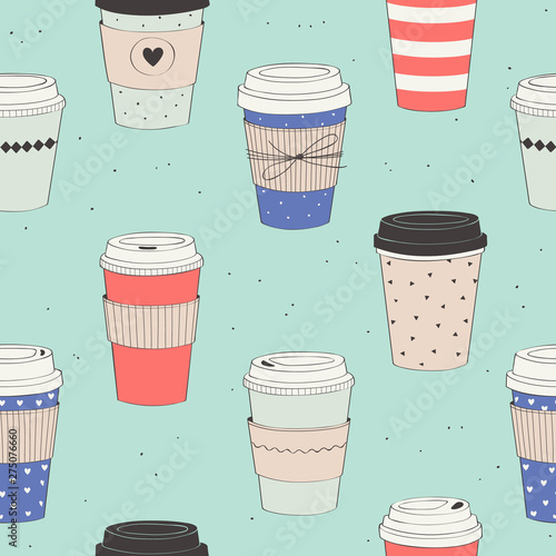 Coffee cup pattern. Vector seamless pattern with various disposable cups of coffee to go. Hand drawn doodle background