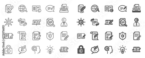 Copywriting book line icons. Set of Copyright protection, Signature and Feedback icons. Typewriter, Idea and message copywriting. Write book, legal copyright, content author. Light bulb. Vector