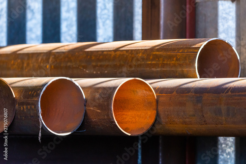 Stack of cylindrical round steel pipes