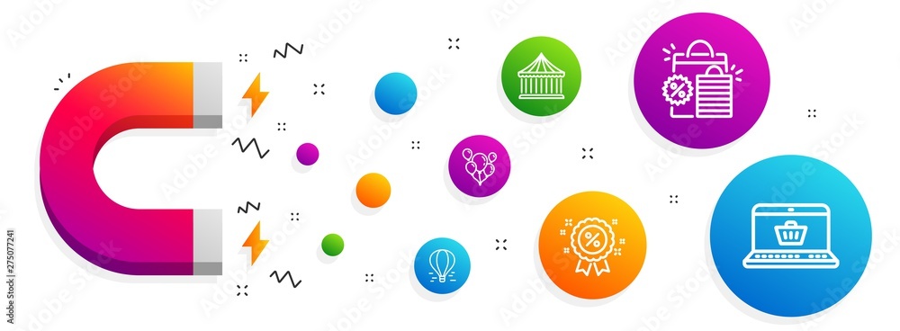 Magnet attracting. Air balloon, Shopping bags and Balloons icons simple set. Discount, Carousels and Online shopping signs. Flight travel, Sale discount. Holidays set. Line air balloon icon. Vector Magnet attracting. Air balloon, Shopping bags and Balloons icons simple set. Discount, Carousels and Online shopping signs. Flight travel, Sale discount. Holidays set. Line air balloon icon. Vector