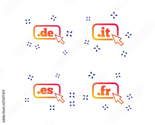 Top-level internet domain icons. De, It, Es and Fr symbols with cursor pointer. Unique national DNS names. Random dynamic shapes. Gradient domain icon. Vector