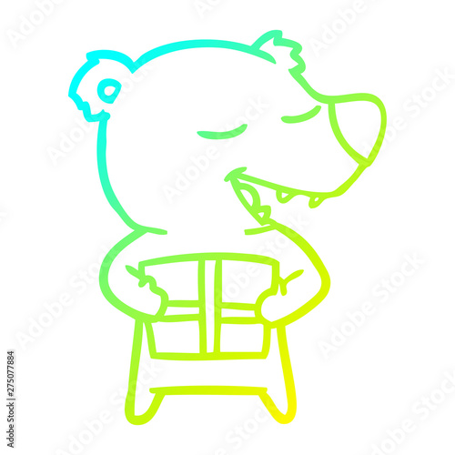 cold gradient line drawing cartoon polar bear with present