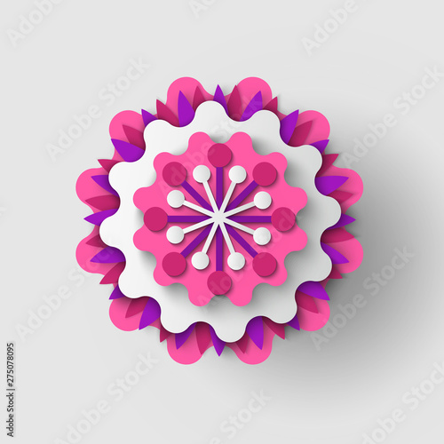Big one paper cut multicolor flower, made of white, pink and purple papers, made in vivid colors, Origami blossom in modern style vector Illustration