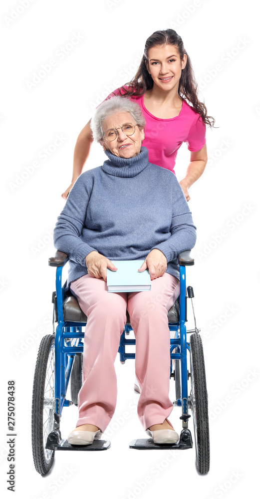 Happy woman with grandmother on white background Happy woman with grandmother on white background