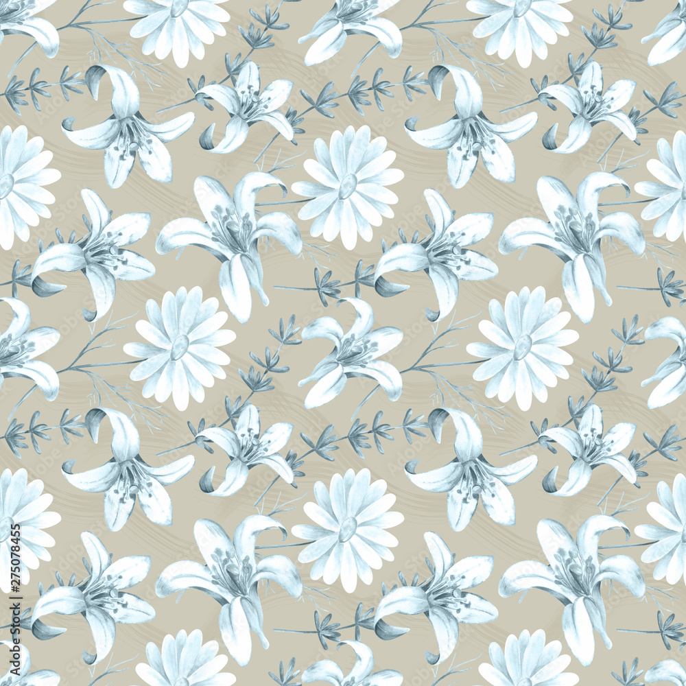 Watercolor seamless pattern in retro style with floral elements. Romantic vintage background with bergamot flowers, rosemary and chamomile in blue colors on a brown backdrop