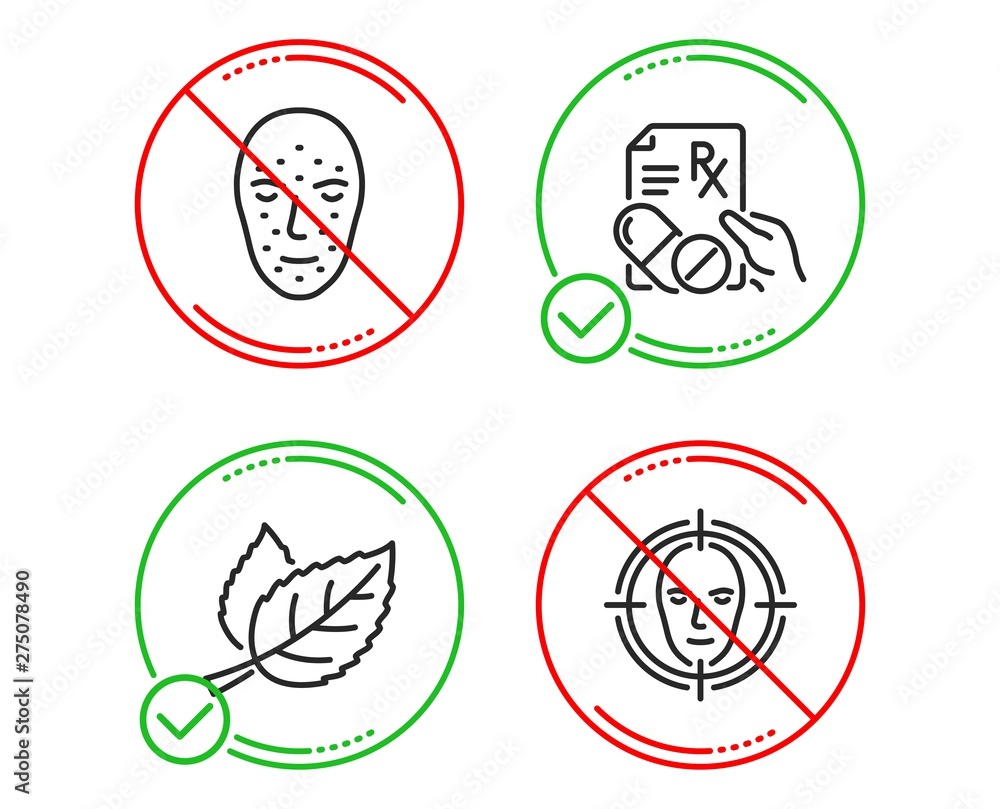 Do or Stop. Face biometrics, Leaf and Prescription drugs icons simple set. Face detect sign. Facial recognition, Nature leaves, Pills. Select target. Healthcare set. Line face biometrics do icon Do or Stop. Face biometrics, Leaf and Prescription drugs icons simple set. Face detect sign. Facial recognition, Nature leaves, Pills. Select target. Healthcare set. Line face biometrics do icon