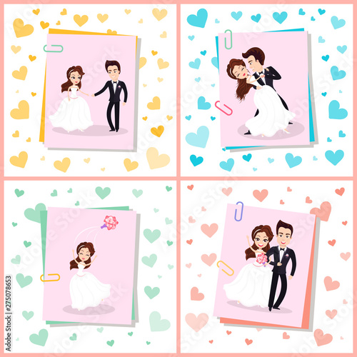 Wedding ceremony vector, people on special day woman, wearing bridal dress holding bouquet, hearts and pictures of couple in love, set flat style