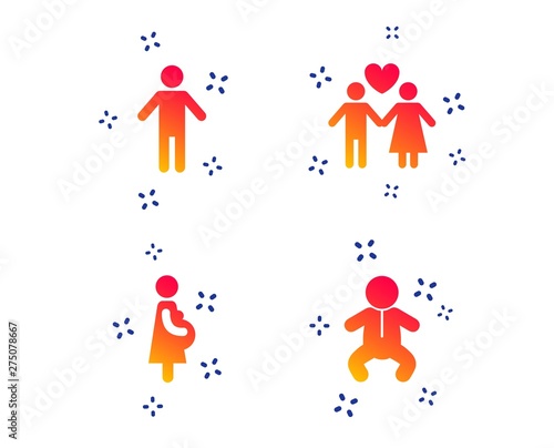 Family lifetime icons. Couple love, pregnancy and birth of a child symbols. Human male person sign. Random dynamic shapes. Gradient family icon. Vector