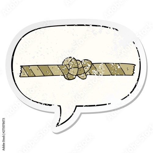 cartoon knotted rope and speech bubble distressed sticker