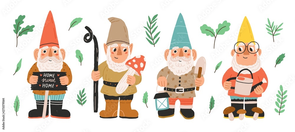 Collection of garden gnomes or dwarfs holding lantern, banner, mushroom, watering can. Set of cute fairytale characters. Bundle of lawn ornaments or decorations. Flat cartoon vector illustration. Collection of garden gnomes or dwarfs holding lantern, banner, mushroom, watering can. Set of cute fairytale characters. Bundle of lawn ornaments or decorations. Flat cartoon vector illustration.