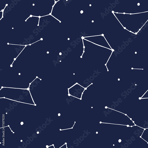 Seamless pattern. Hand painted watercolor star constellations. Starlight Night.