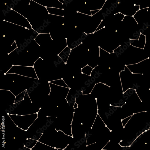 Seamless pattern. Hand painted watercolor star constellations. Starlight Night.