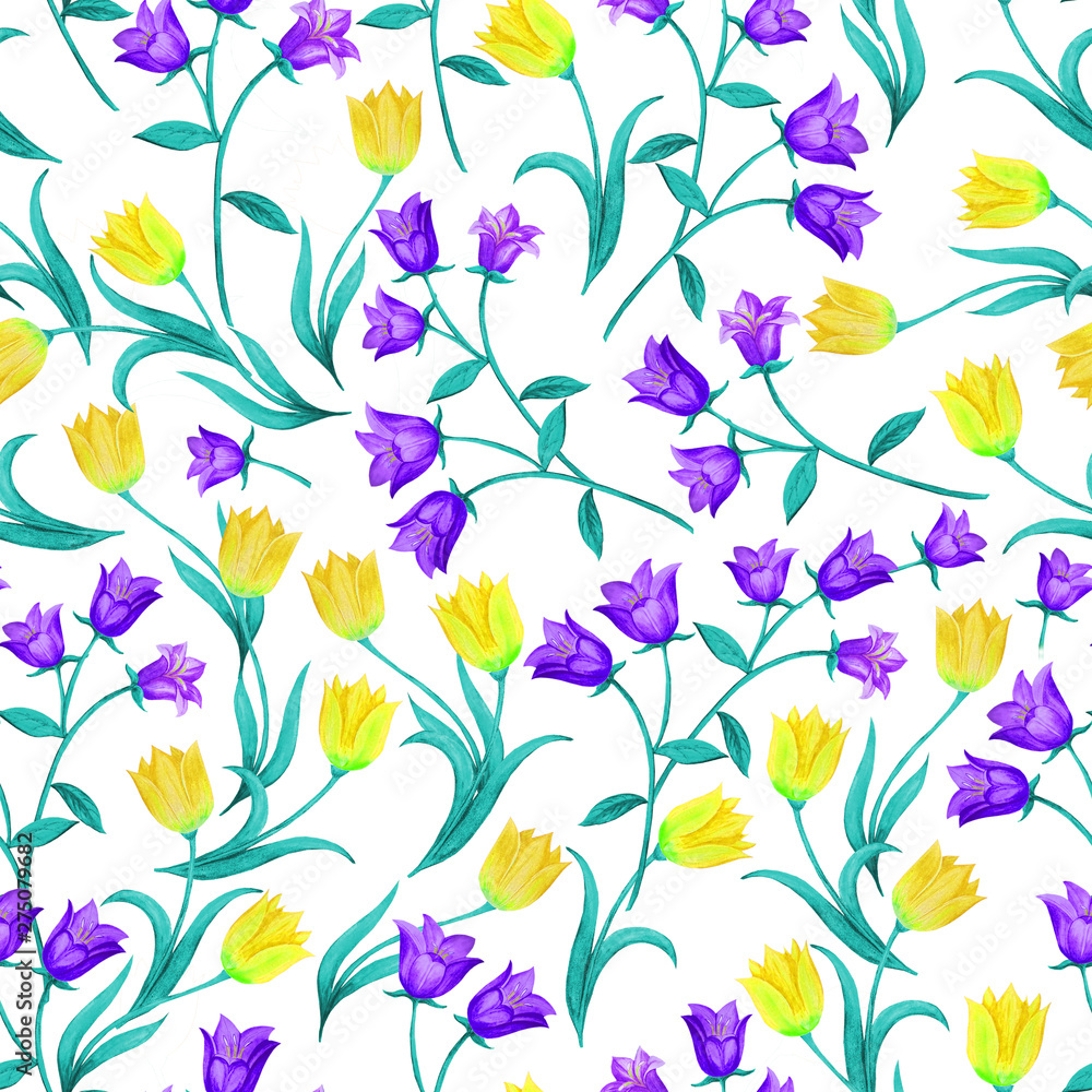 Beautiful seamless floral pattern. Blue bells and yellow tulips randomly located on white background. Beautiful seamless floral pattern. Blue bells and yellow tulips randomly located on white background.