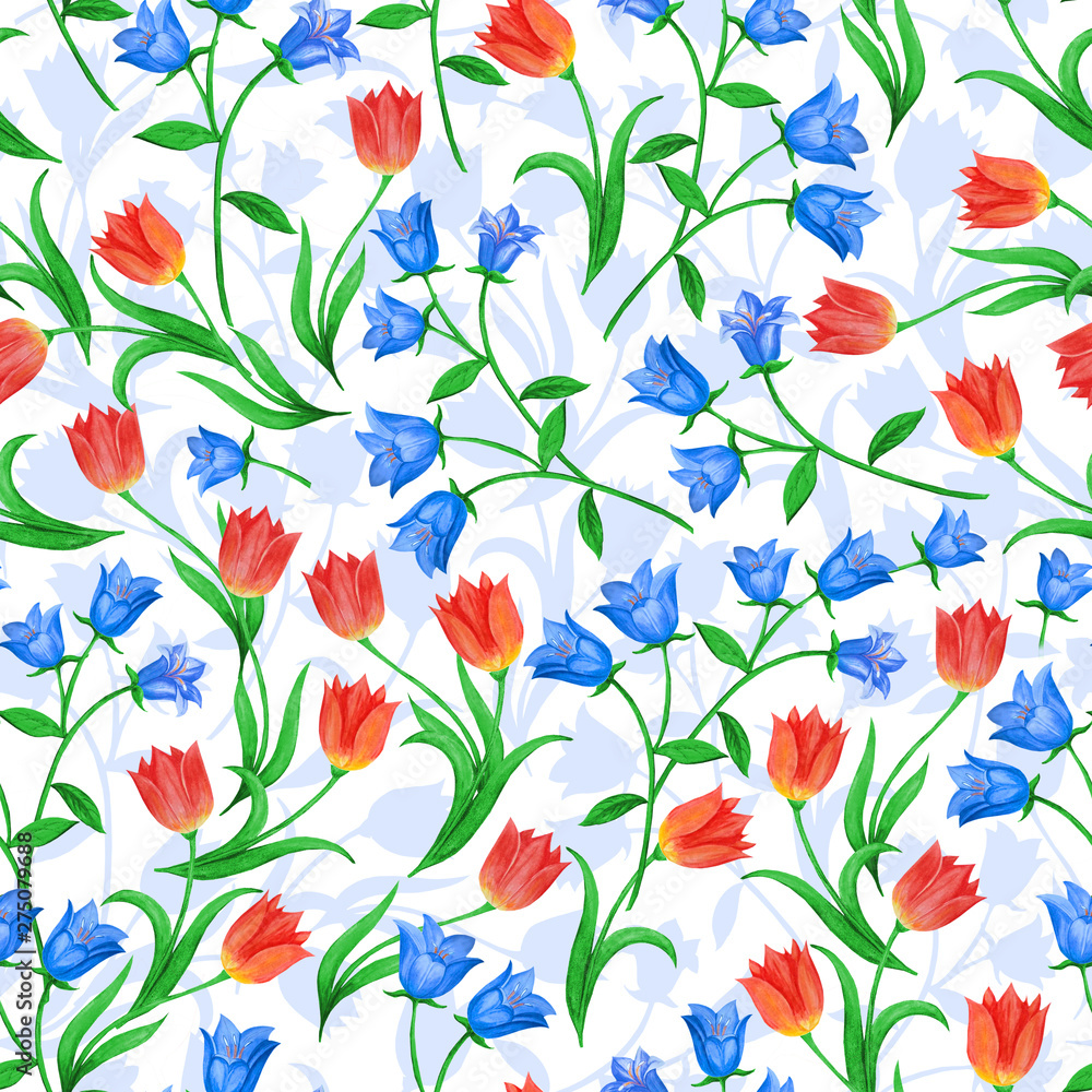 Beautiful seamless floral pattern. Blue bells and red tulips randomly located on white background.