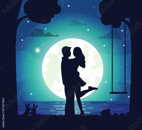 Romantic postcard decorated by shadow view of standing man and woman together, embracing people. Night and light of moon and stars, trees and rabbit vector
