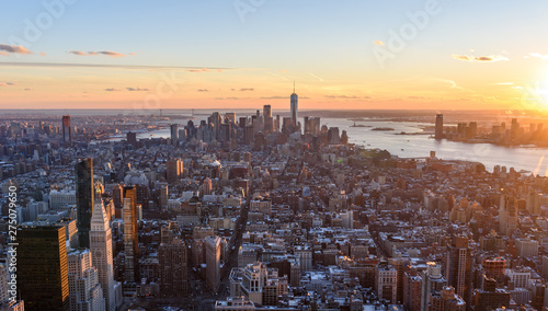 View from observation deck on Empire State Building at sunset - Lower Manhatten Downtown, New York City, USA