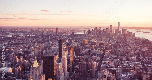 View from observation deck on Empire State Building at sunset - Lower Manhatten Downtown  New York City  USA