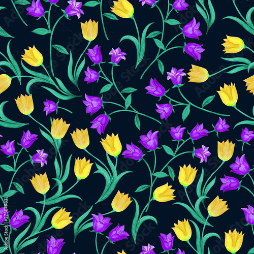 Fototapeta Naklejka Na Ścianę i Meble -  Beautiful seamless floral pattern. Blue bells and yellow tulips randomly located on black background.