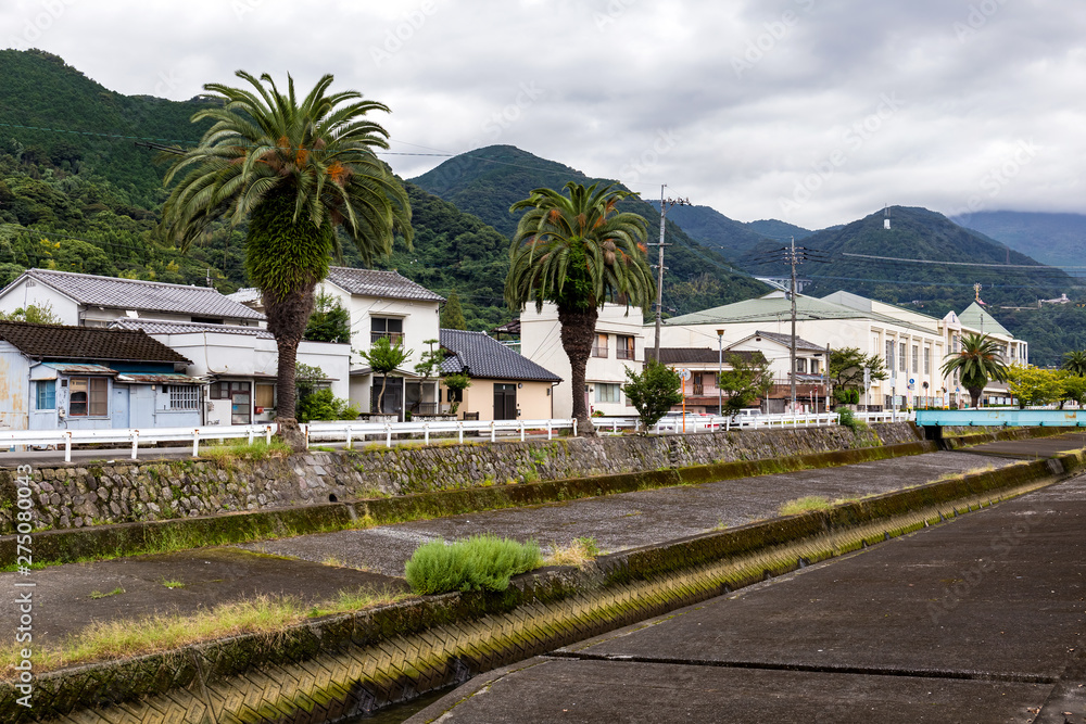 Beppu city colorful mountains and old promenade
