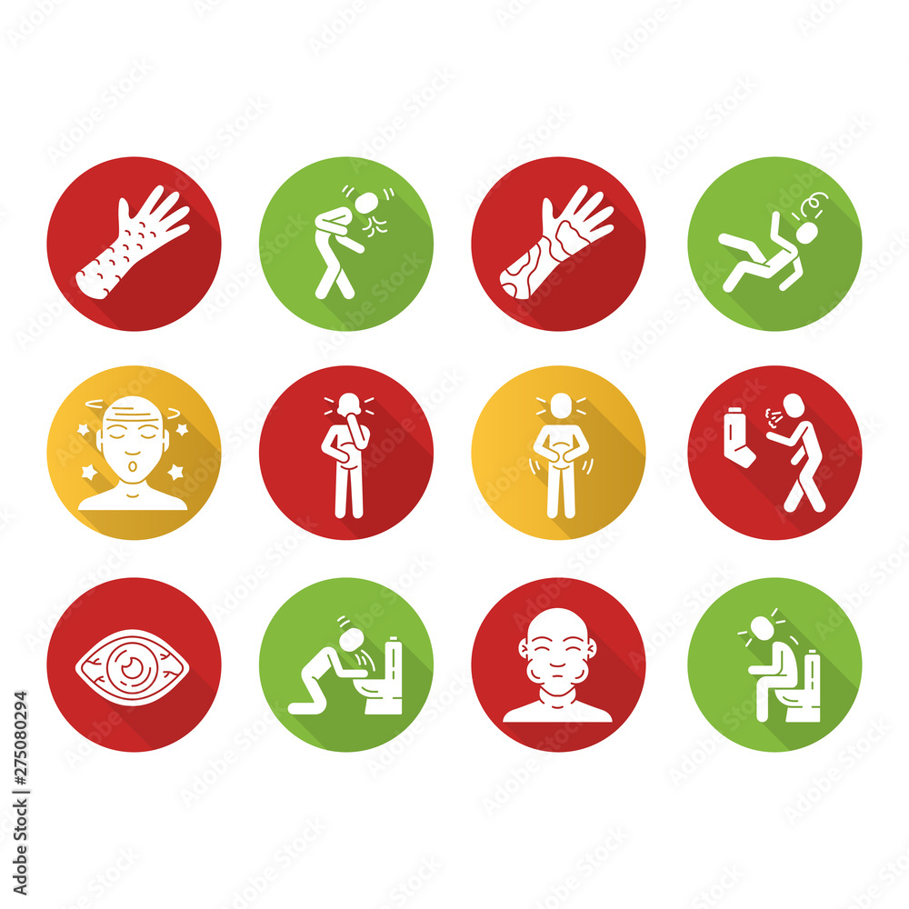 Allergy symptoms flat design long shadow glyph icons set