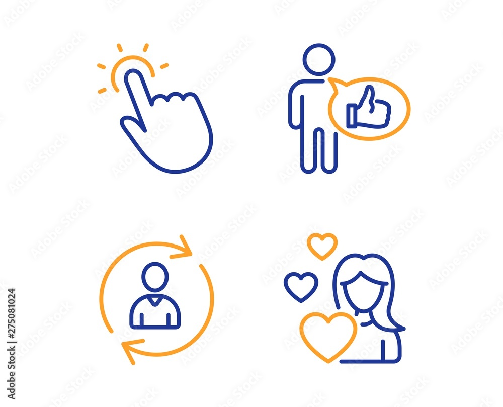 Person info, Touchpoint and Like icons simple set. Love sign. Refresh user data, Touch technology, Thumbs up. Woman in love. People set. Linear person info icon. Colorful design set. Vector Person info, Touchpoint and Like icons simple set. Love sign. Refresh user data, Touch technology, Thumbs up. Woman in love. People set. Linear person info icon. Colorful design set. Vector